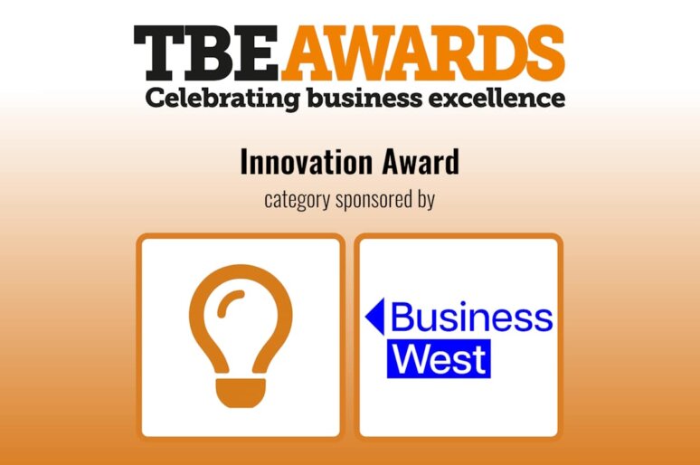 TBE Awards logo with tagline ‘Celebrating business excellence’ at the top. Below, bold text reads ‘Innovation Award’ with smaller text ‘category sponsored by’. Underneath are two square icons: the left shows an orange lightbulb symbol, and the right displays the Business West logo in blue text with a blue arrow pointing left. Background is a gradient from light to dark orange.