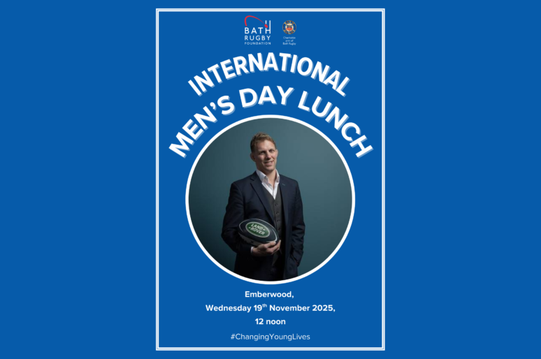 Promotional poster for the International Men's Day Lunch featuring Lewis Moody MBE holding a rugby ball. Includes Bath Rugby Foundation branding, event details ("Emberwood, Wednesday 19th November 2025, 12 noon") and the hashtag #ChangingYoungLives on a blue background.