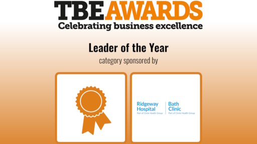 Promotional graphic for the TBE Awards 2025 featuring the 'Leader of the Year' category, sponsored by Ridgeway Hospital and Bath Clinic, part of Circle Health Group. The design includes an orange ribbon icon on the left and the hospitals’ logos on the right.