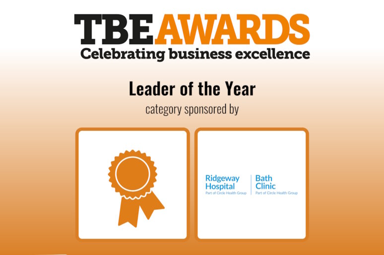 Promotional graphic for the TBE Awards 2025 featuring the 'Leader of the Year' category, sponsored by Ridgeway Hospital and Bath Clinic, part of Circle Health Group. The design includes an orange ribbon icon on the left and the hospitals’ logos on the right.