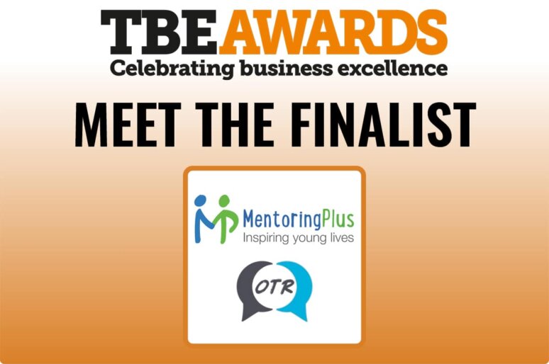Graphic for TBE Awards with the tagline “Celebrating business excellence.” Large text reads “Meet the Finalist.” Below is a box containing two charity logos: Mentoring Plus with the tagline “Inspiring young lives,” and Off the Record (OTR) represented by two overlapping speech bubbles.