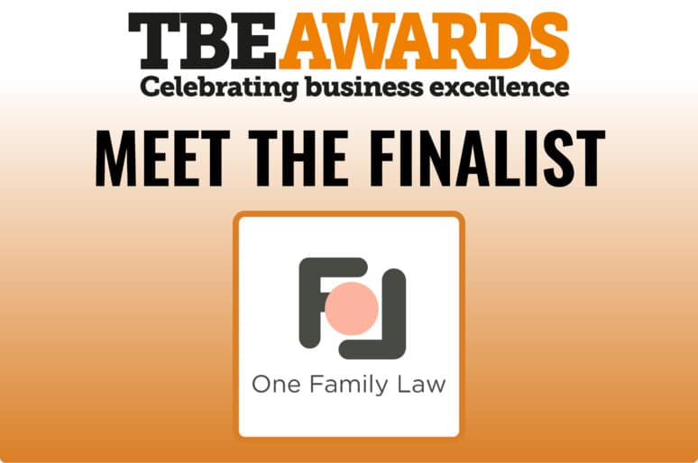 Promotional graphic for the TBE Awards featuring the One Family Law logo. The image includes the text “TBE Awards Celebrating business excellence” and “Meet the Finalist” on a white-to-orange gradient background.