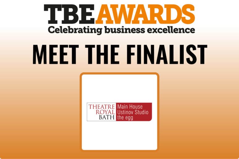 TBE Awards promotional graphic announcing Theatre Royal Bath as a finalist. Bold text reads “TBE AWARDS – Celebrating business excellence” above “MEET THE FINALIST.” Theatre Royal Bath’s logo appears below, featuring “Main House,” “Ustinov Studio,” and “the egg.”