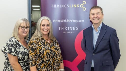A photo from the launch event of Thrings’ Business Development team Nikki Kenna (Business Development Co-ordinator) and Jo Campbell (Head of Business Development) with Thrings Managing Partner Simon Holdsworth