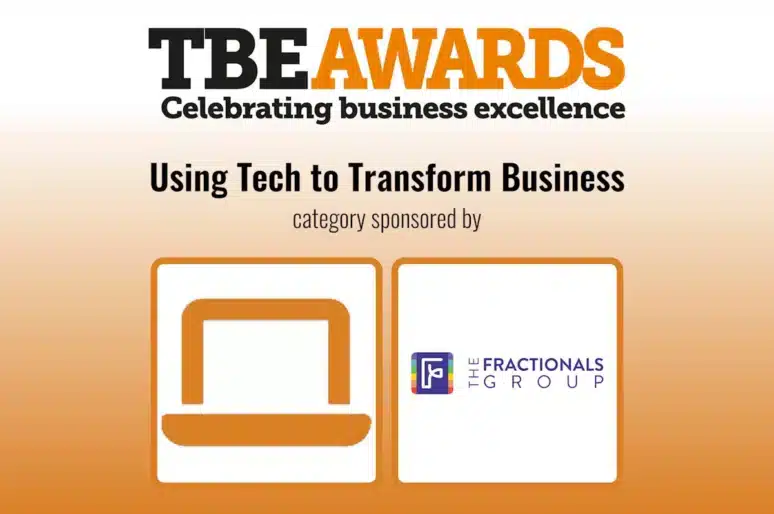 Promotional graphic for the TBE Awards featuring the category “Using Tech to Transform Business,” sponsored by The Fractionals Group. The image includes the TBE Awards logo, a stylised laptop icon and The Fractionals Group logo, with a white-to-orange gradient background.