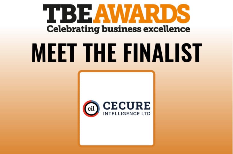 Graphic for TBE Awards with the heading ‘TBE Awards – Celebrating business excellence.’ Below, large text reads ‘Meet the Finalist.’ Centered is the Cecure Intelligence Ltd logo, featuring the letters ‘cil’ inside a red and black circle, followed by the company name in blue text. The background has a gradient from white to orange.