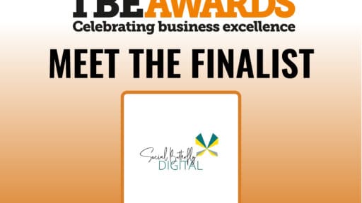 Graphic for the TBE Awards with the headline “Meet the Finalist.” The top section reads “TBE Awards – Celebrating business excellence” in black and orange text. Below, in bold black letters, it says “Meet the Finalist.” Underneath is a square frame containing the Social Butterfly Digital logo, which features stylized text and a colorful abstract butterfly design in teal, yellow, and green.