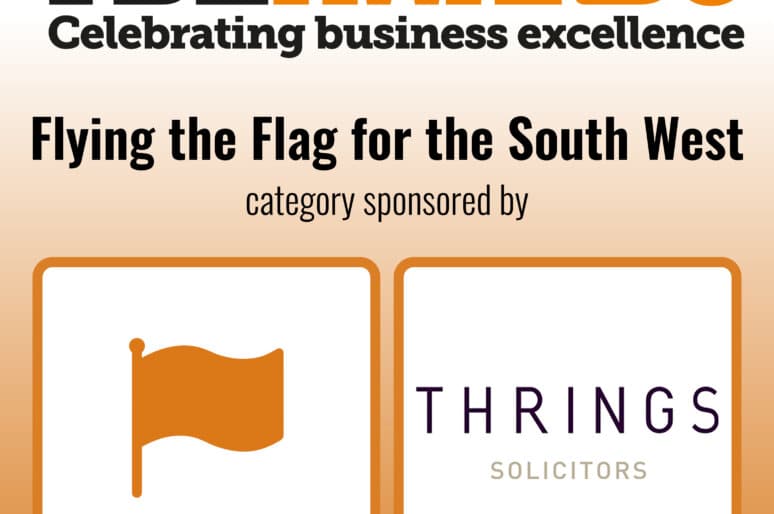 TBE Awards graphic for the category ‘Flying the Flag for the South West,’ sponsored by Thrings Solicitors. The image includes the TBE Awards logo with the tagline ‘Celebrating business excellence,’ an orange flag icon on the left, and the Thrings Solicitors logo on the right.