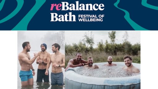 Promotional image for the reBalance Bath Festival of Wellbeing, featuring two photos: one showing three people standing waist‑deep in a misty lake, and another showing four people sitting together in an outdoor inflatable ice bath, with trees and grassland in the background.