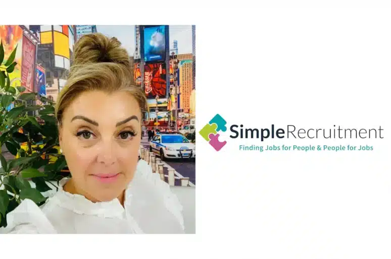 Jayla Wilcox wearing a white blouse stands in front of a colourful cityscape backdrop featuring bright billboards and a taxi. To the right of the image is the Simple Recruitment logo, which includes three interlocking puzzle pieces in teal, green, and purple, along with the tagline “Finding Jobs for People & People for Jobs.