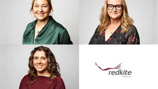 A four‑panel image featuring three individual portrait photographs of women from Redkite Solicitors. The top left panel shows Gemma Millard wearing a dark green blouse against a light background. The top right panel shows Rachel Curtis wearing a dark patterned top against a similar light background. The bottom left panel shows Rachael Abbott wearing a deep burgundy top with long wavy hair. The bottom right panel displays the Redkite Solicitors logo on a white background.