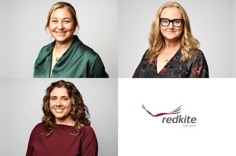 A four‑panel image featuring three individual portrait photographs of women from Redkite Solicitors. The top left panel shows Gemma Millard wearing a dark green blouse against a light background. The top right panel shows Rachel Curtis wearing a dark patterned top against a similar light background. The bottom left panel shows Rachael Abbott wearing a deep burgundy top with long wavy hair. The bottom right panel displays the Redkite Solicitors logo on a white background.